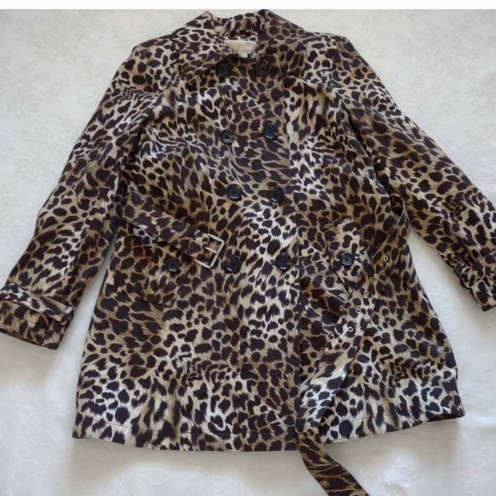 Michael Kors double breasted leopard trench belted coat